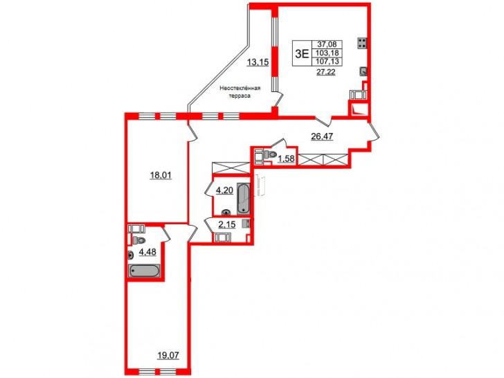 Двухкомнатная квартира 104.3 м²