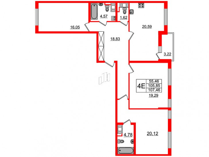 Трёхкомнатная квартира 107.3 м²