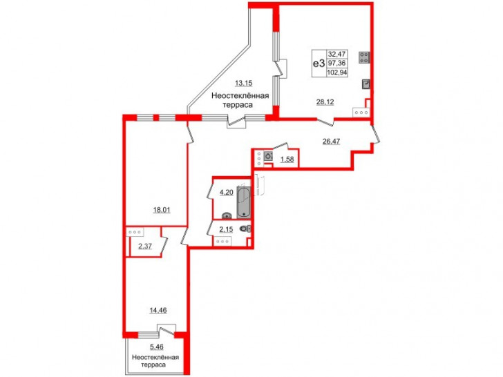 Двухкомнатная квартира 97.5 м²