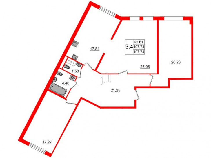 Трёхкомнатная квартира 108.3 м²