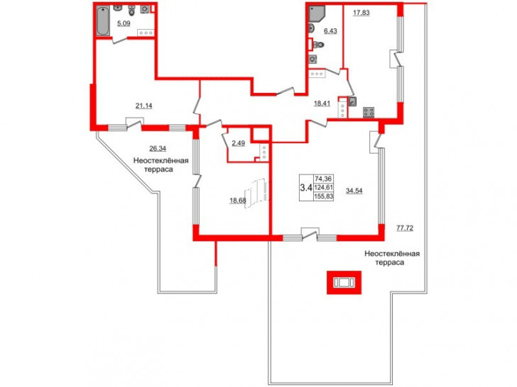 Трёхкомнатная квартира 125.1 м²